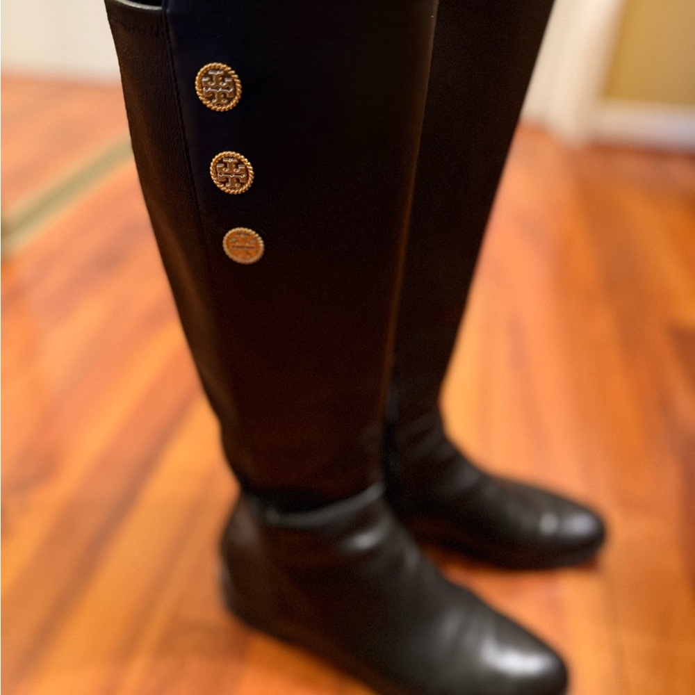 Tory Burch Black Leather Knee-High Heeled Boots with Gold Buttons - Picture 2 of 7